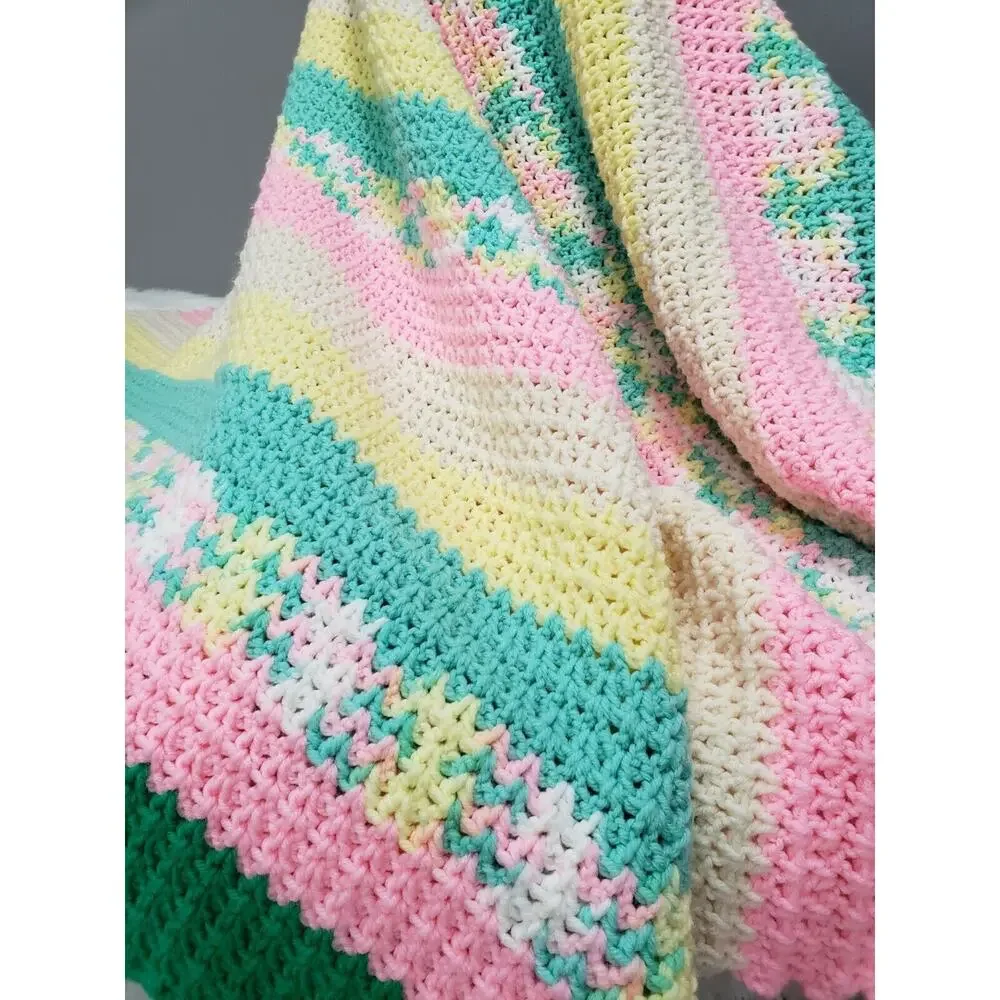 Vintage pink yellow green afghan blanket throw nursery y2k‎ bedroom decor easter